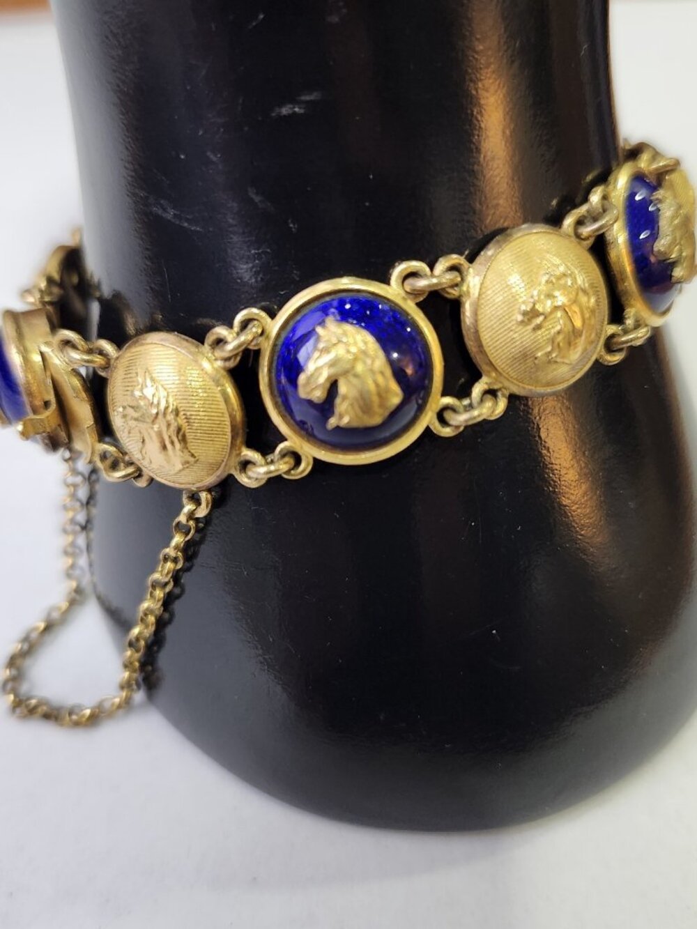 Vtg Sporrong Horse Head Equestrian Blue Enamel Bracelet Swedish Stallion Gold Tn